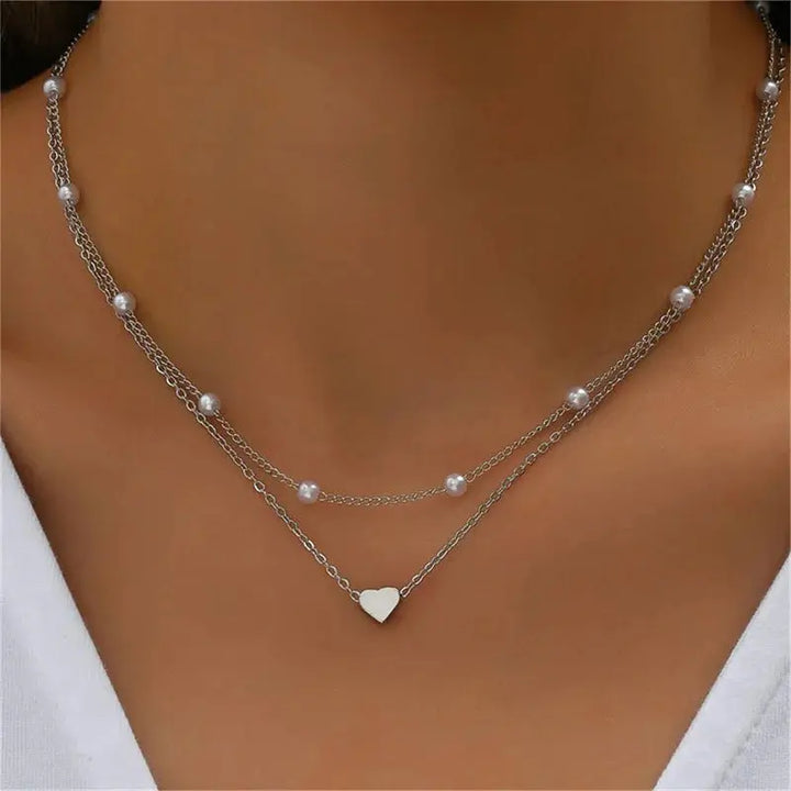 Pearl & Heart Necklaces – Double Layer Chain with Love Heart Pendant - JS District