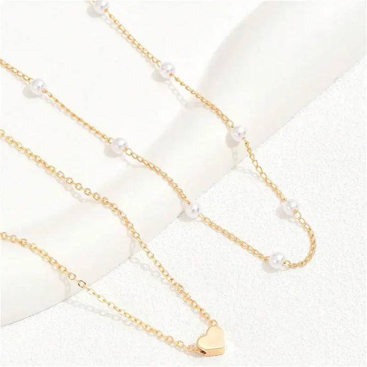 Pearl & Heart Necklaces – Double Layer Chain with Love Heart Pendant - JS District