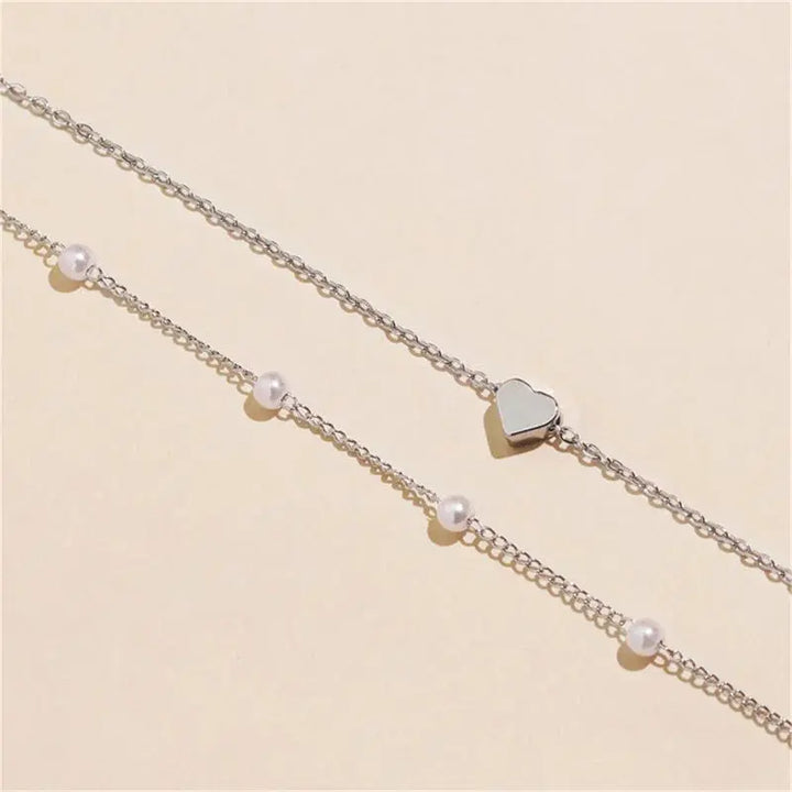 Pearl & Heart Necklaces – Double Layer Chain with Love Heart Pendant - JS District