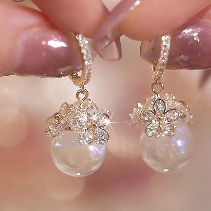 Simulation Pearl Long Earrings – Women's Flower Rhinestone Wedding Pendant Earrings - JS District