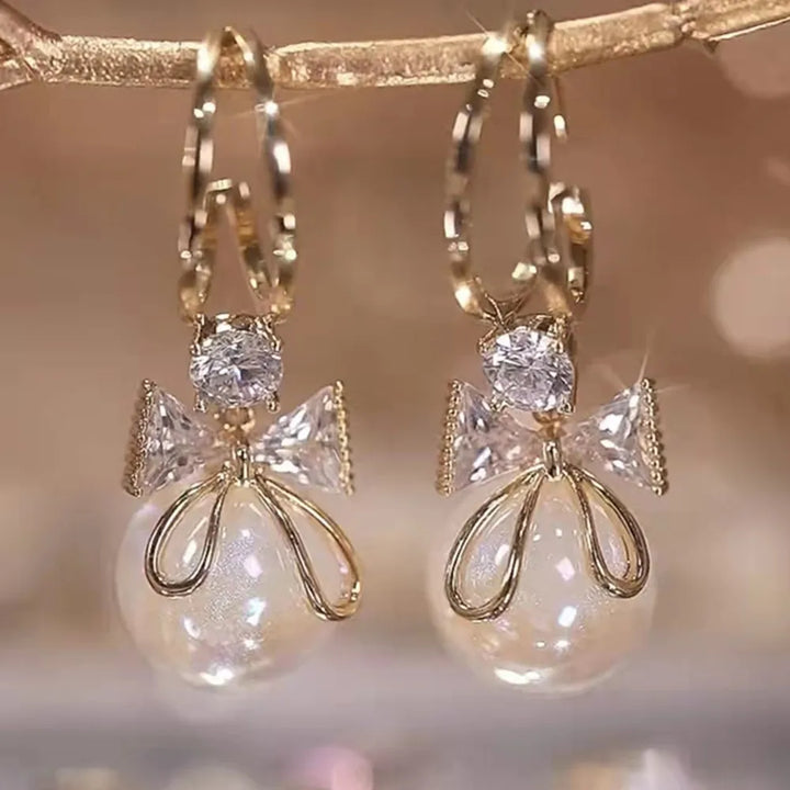 Simulation Pearl Long Earrings – Women's Flower Rhinestone Wedding Pendant Earrings - JS District