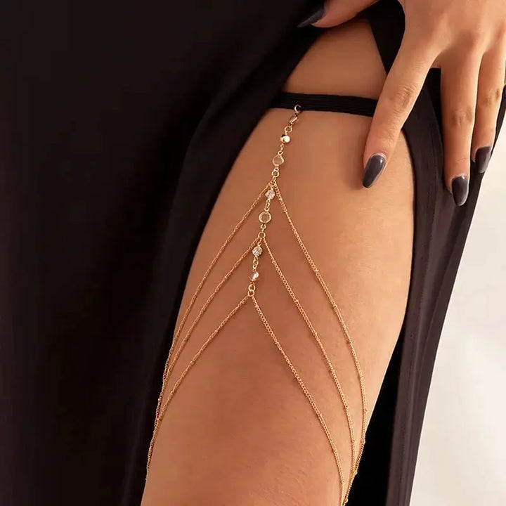 Sexy Beach  Pearl Leg Ring Body Chain with Geometric Star Rhinestone Tassel - JS District