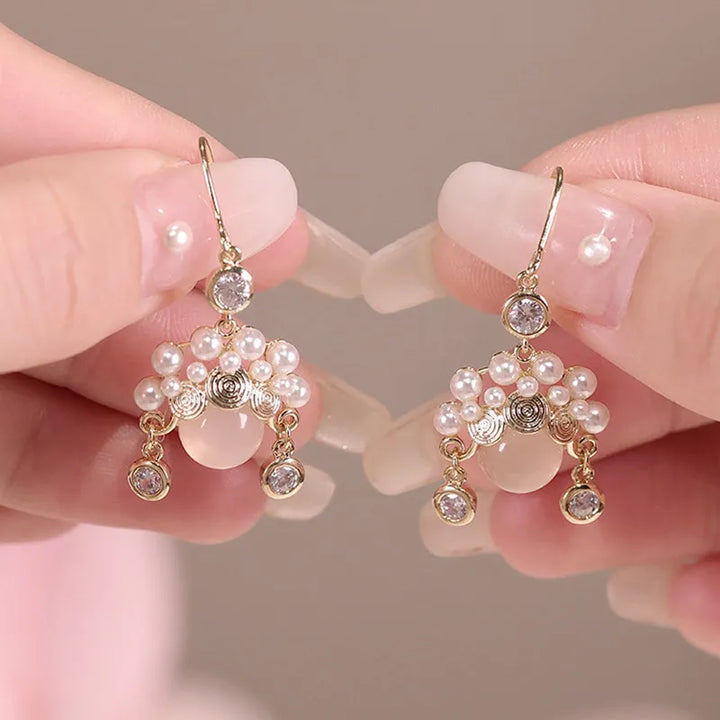 Simulation Pearl Long Earrings – Women's Flower Rhinestone Wedding Pendant Earrings - JS District