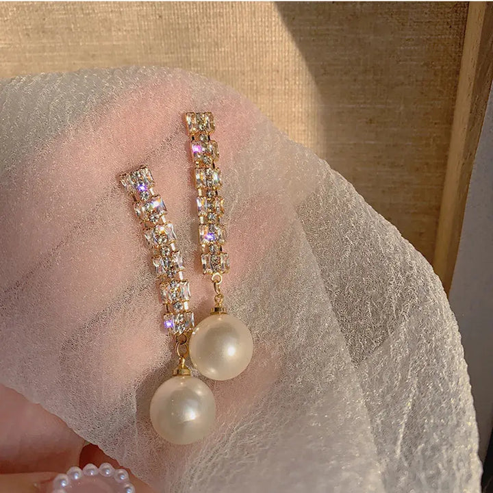 Simulation Pearl Long Earrings – Women's Flower Rhinestone Wedding Pendant Earrings - JS District