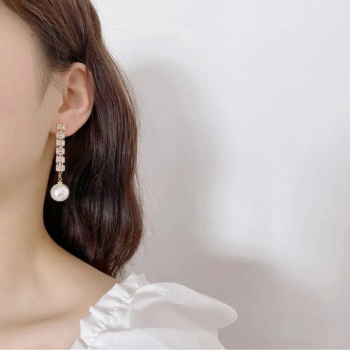 Simulation Pearl Long Earrings – Women's Flower Rhinestone Wedding Pendant Earrings - JS District