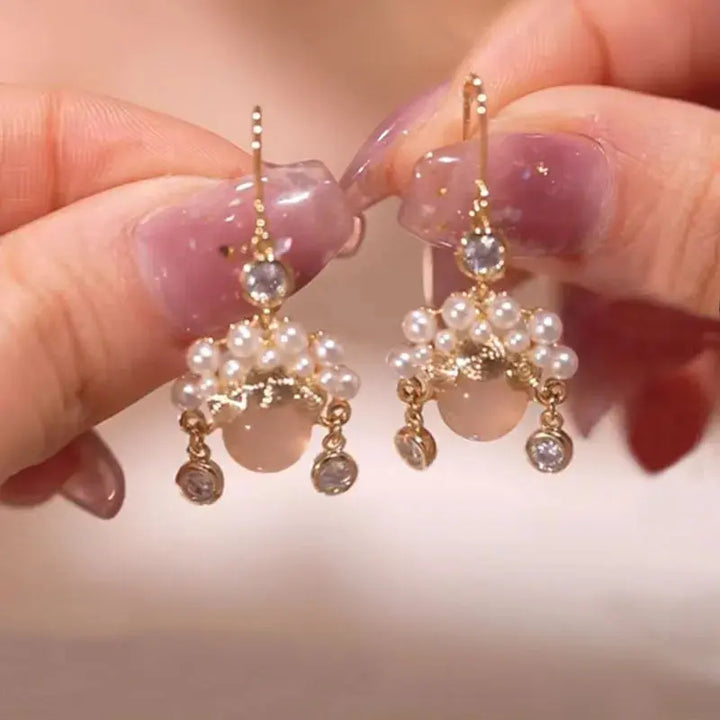 Simulation Pearl Long Earrings – Women's Flower Rhinestone Wedding Pendant Earrings - JS District